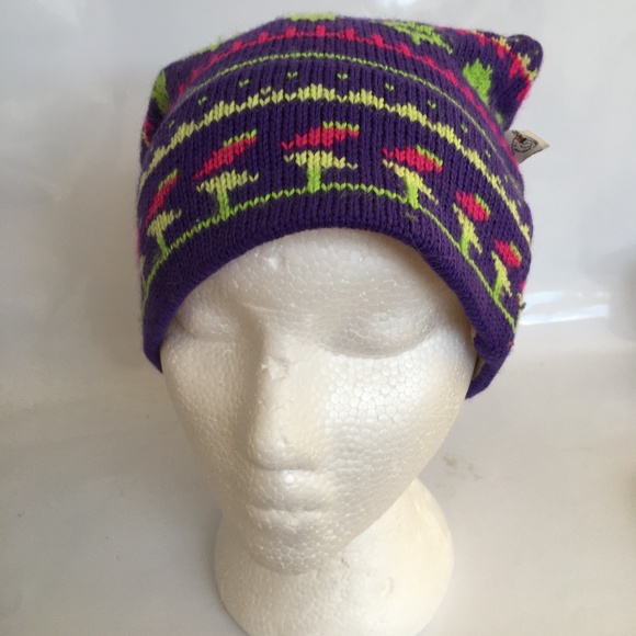 Aardvark Hat Beanie Toque Purple Green 100% Wool Nordic Style Ski Vintage - Picture 3 of 8